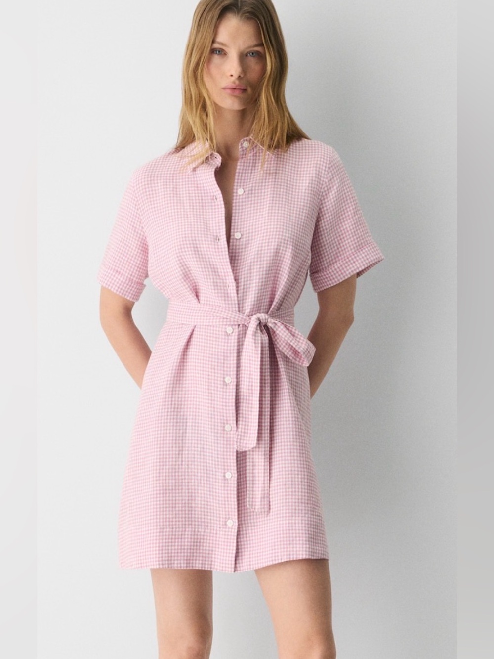 Wilfred Pink Gingham Midi Shirt Dress with Tie Waist